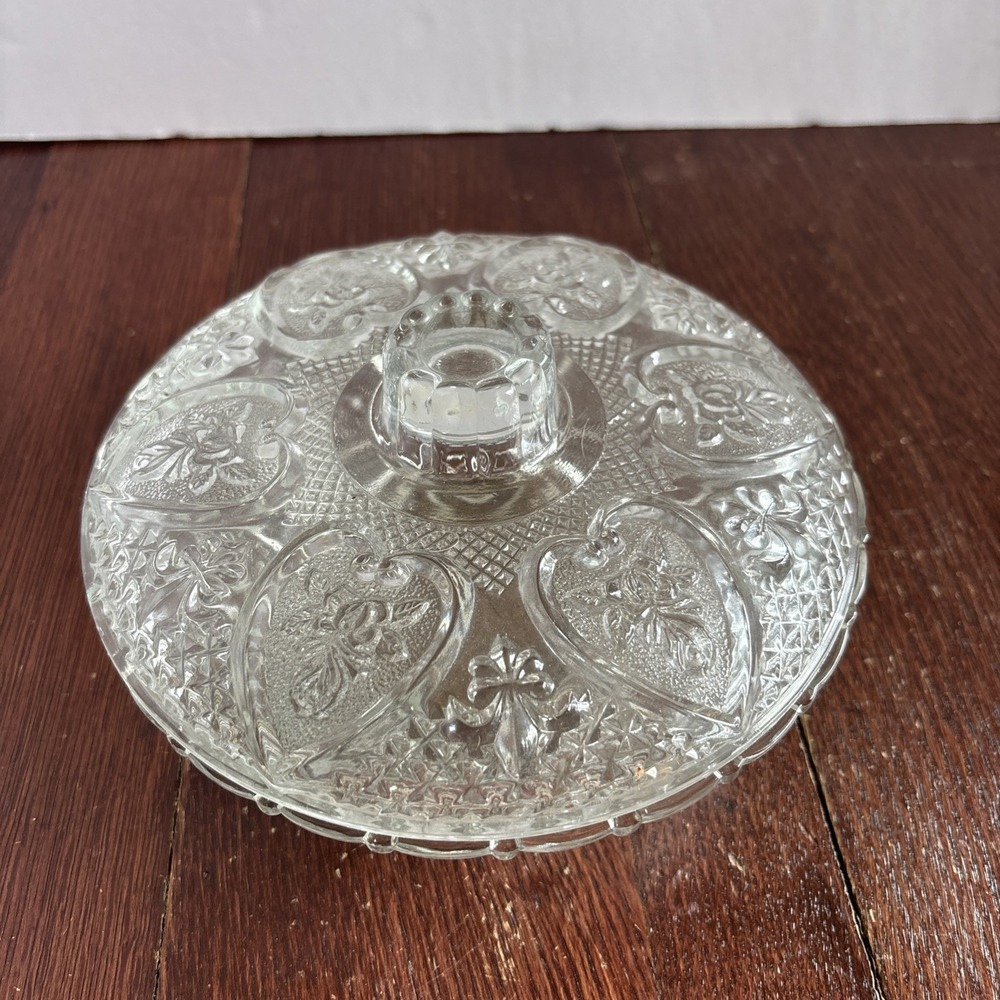 Vintage KIG Malaysia Candy Dish Clear Pressed Glass Hearts and Roses w/ Lid Chip